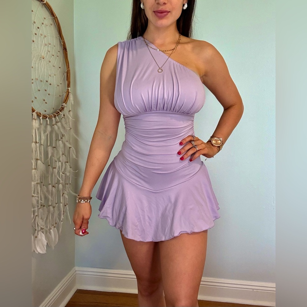 💜Elegant Lavender 1-Shoulder Dress/Romper w/ Built-in Shorts